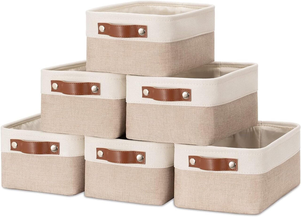 Summer Fabric Baskets for Organizing(6 pack) Collapsible Storage Baskets for Shelves, Closets, Laundry, Nursery, Decorative Baskets for Gifts Empty (White&Khaki, 11.8" x 7.8" x 5.1")